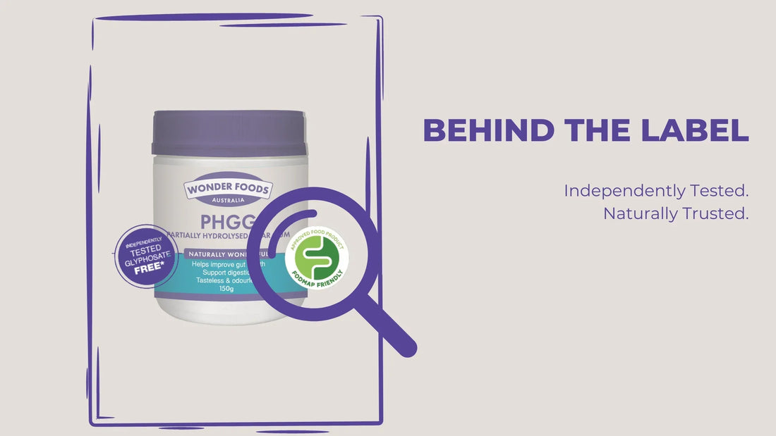 Wonder Foods PHGG jar displayed with glyphosate-free and FODMAP Friendly certifications, framed by a magnifying glass and testing icons, highlighting independent product verification and label transparency.