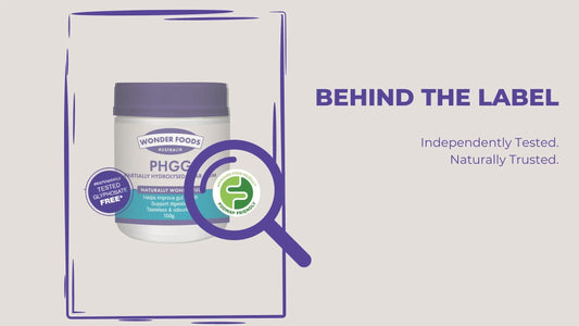 Wonder Foods PHGG jar displayed with glyphosate-free and FODMAP Friendly certifications, framed by a magnifying glass and testing icons, highlighting independent product verification and label transparency.