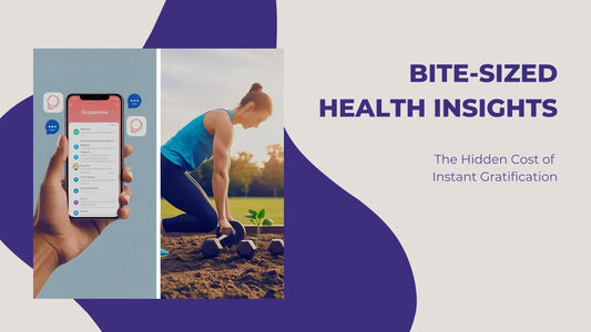 Split-screen visual showing a hand holding a phone with social notifications on one side, and a woman exercising in a garden setting on the other, representing the contrast between instant gratification and long-term growth.