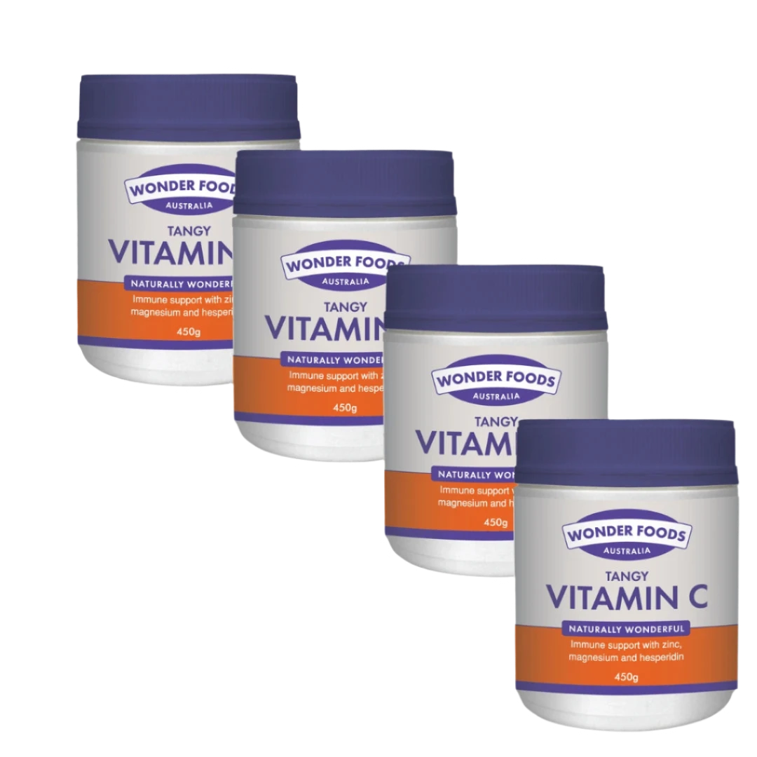 Four containers of Wonder Foods Tangy Vitamin C on a white background