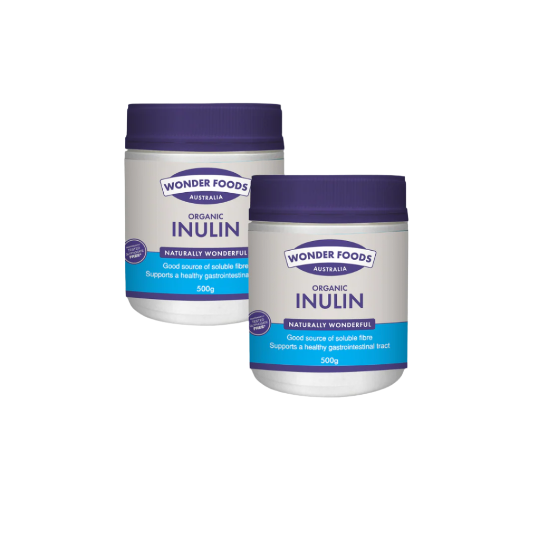 Two containers of Wonder Foods Australia Organic Inulin on a white background