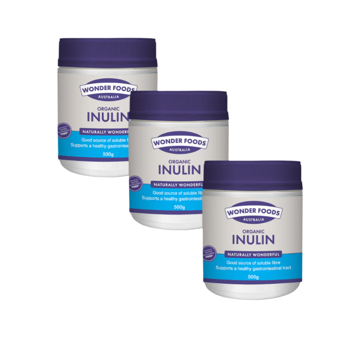 Three containers of Wonder Foods Australia Organic Inulin on a white background