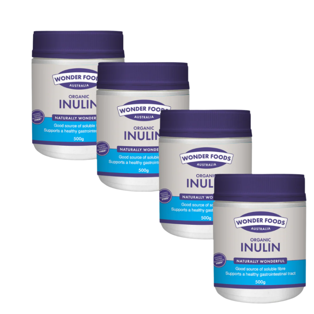 Four containers of Wonder Foods Australia Organic Inulin on a white background