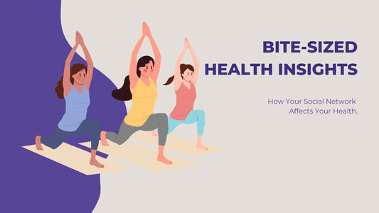 Illustration of three women practicing yoga together, representing social influence on health. Caption reads 'Bite-Sized Health Insights – How Your Social Network Affects Your Health'.