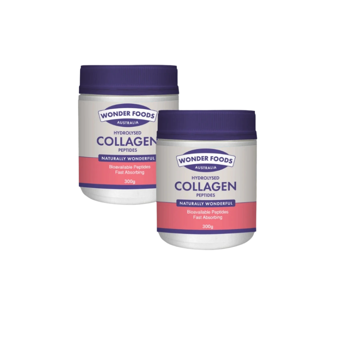Two containers of Wonder Foods Australia hydrolysed collagen peptides on a white background