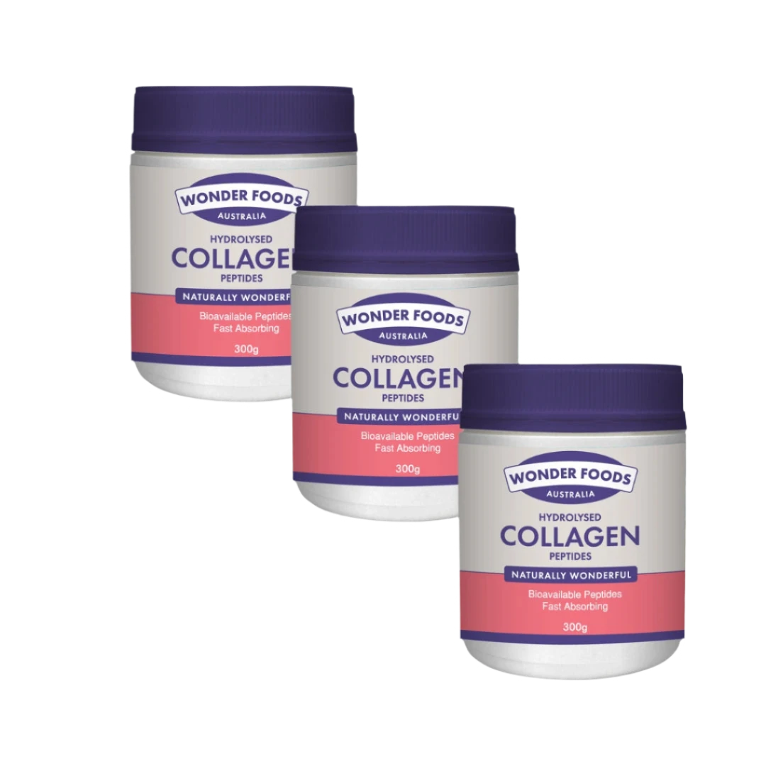 Three containers of Wonder Foods hydrolysed collagen peptides on a white background