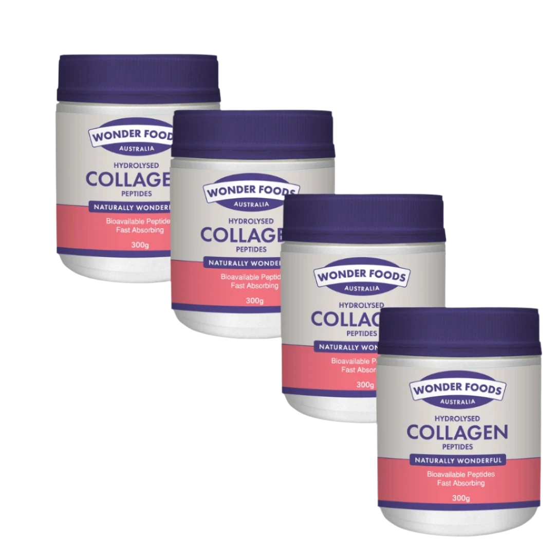 Four containers of Wonder Foods Australia hydrolysed collagen peptides on a white background