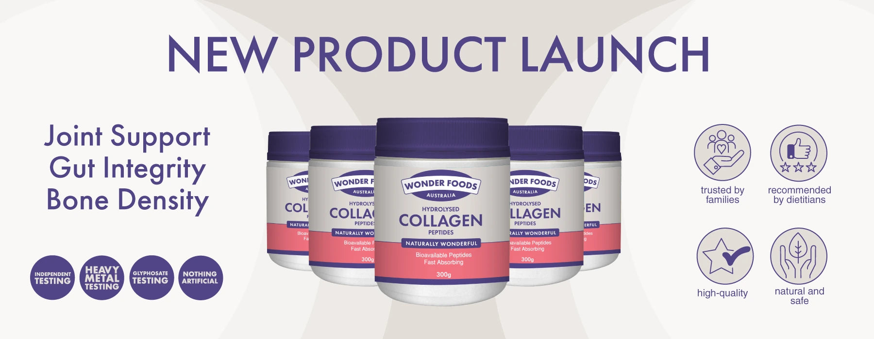 Collagen supplement product launch with jars and text on a light background