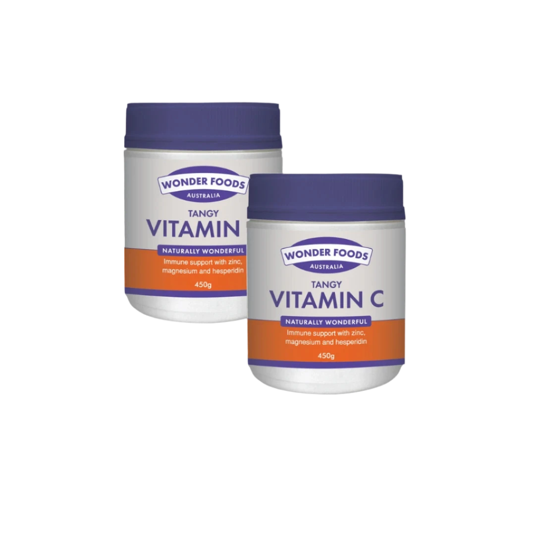 Two containers of Wonder Foods Australia Tangy Vitamin C on a white background