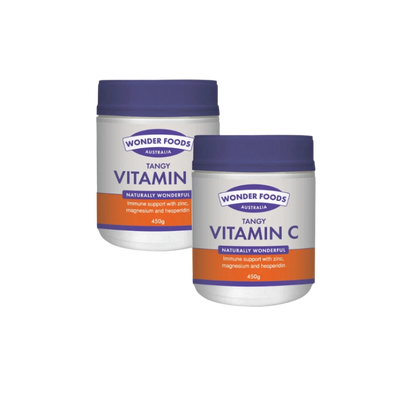 Two containers of Wonder Foods Australia Tangy Vitamin C on a white background