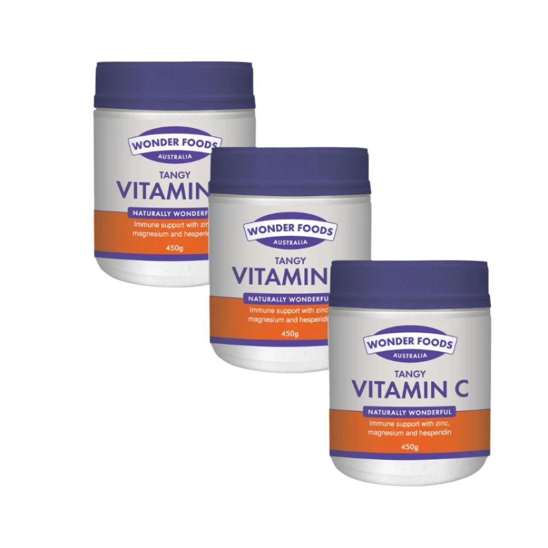 Three containers of Wonder Foods Tangy Vitamin C on a white background