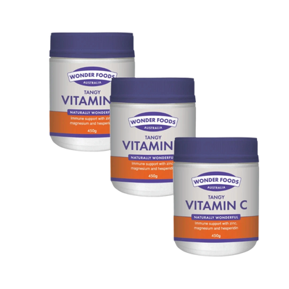Three containers of Wonder Foods Tangy Vitamin C on a white background