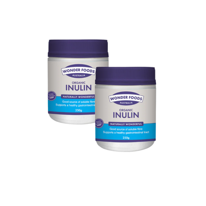 Two containers of Wonder Foods Australia Organic Inulin on a white background