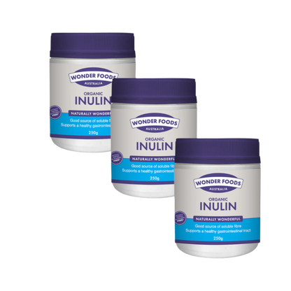 Three containers of Wonder Foods Australia Organic Inulin on a white background