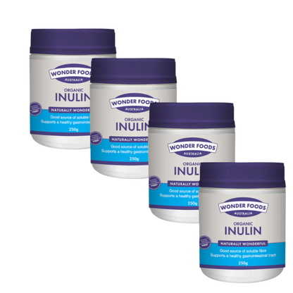 Four containers of Wonder Foods Australia Organic Inulin on a white background